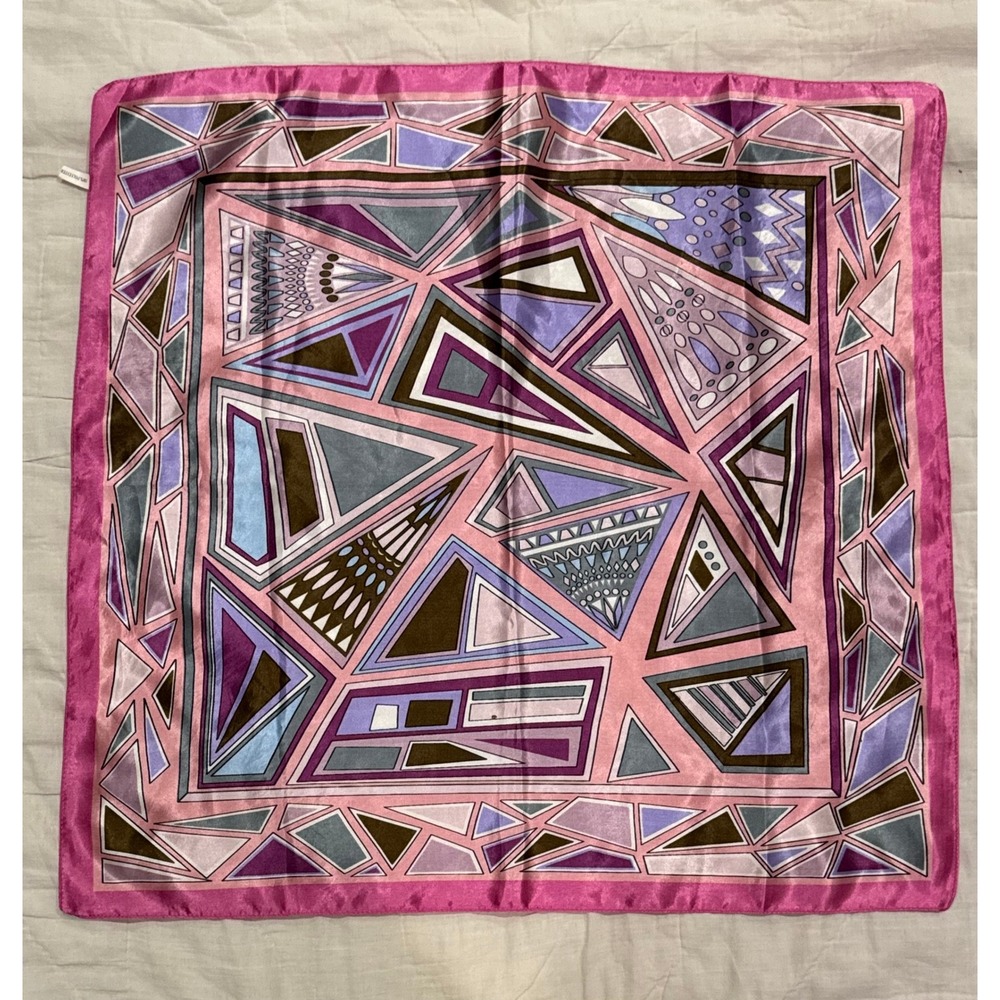 Vintage Style Geometric Mosaic Square Scarf Pink Purple Blue‎ Satin 22.5in